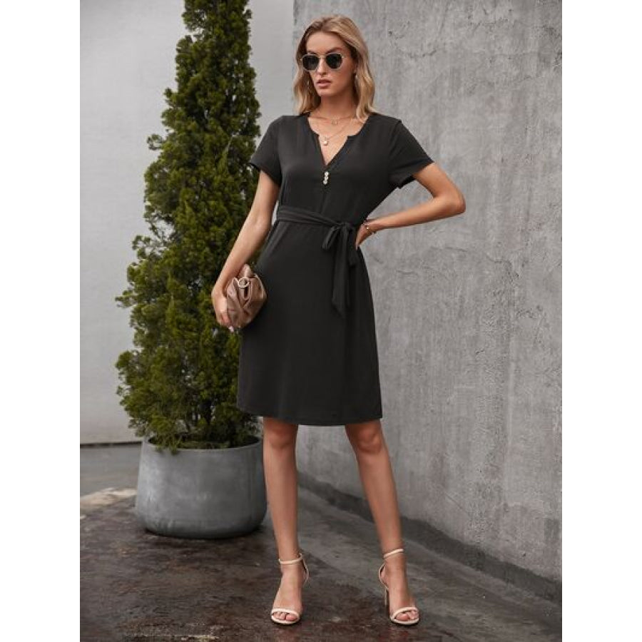 Tied Notched Short Sleeve Dress Apparel and Accessories