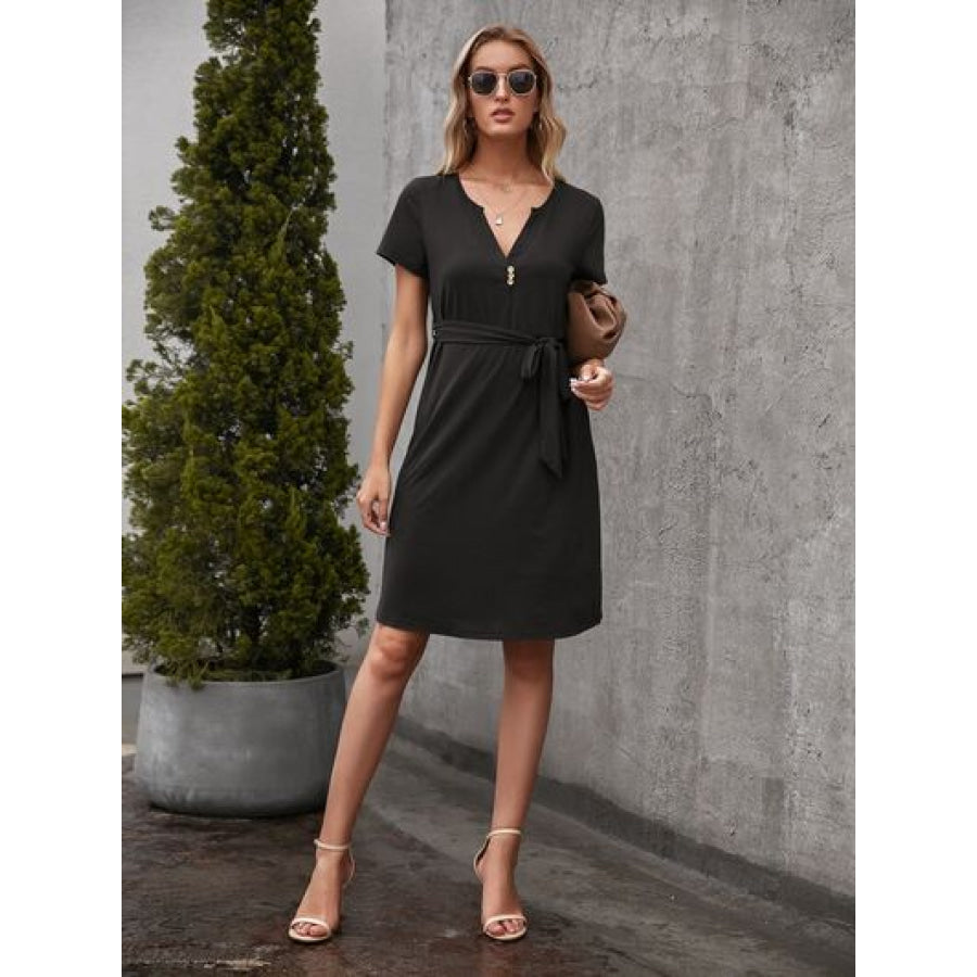 Tied Notched Short Sleeve Dress Apparel and Accessories