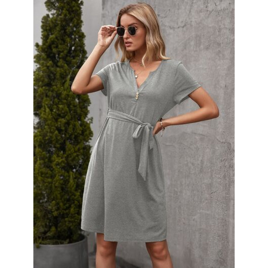 Tied Notched Short Sleeve Dress Apparel and Accessories