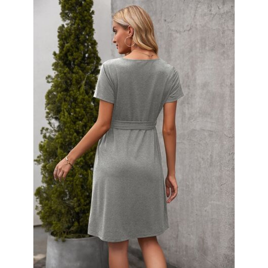 Tied Notched Short Sleeve Dress Apparel and Accessories