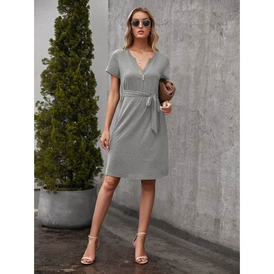 Tied Notched Short Sleeve Dress Apparel and Accessories