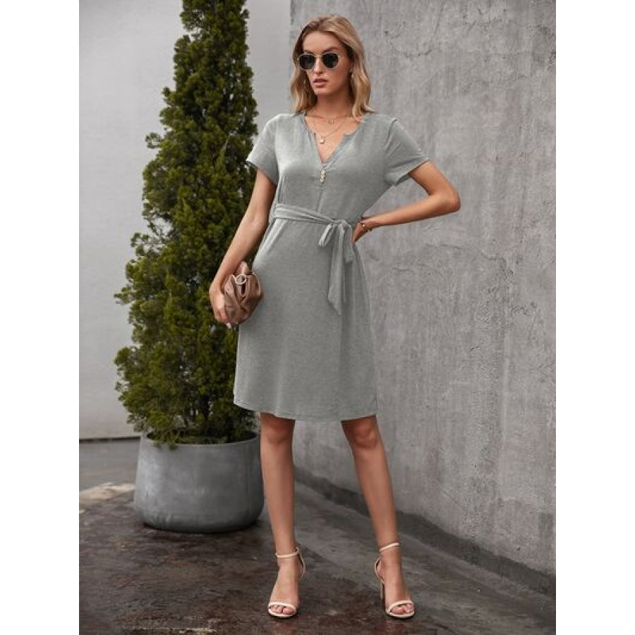 Tied Notched Short Sleeve Dress Apparel and Accessories