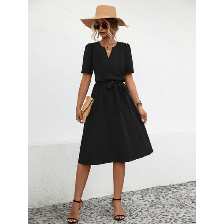 Tied Notched Short Sleeve Dress Black / S Apparel and Accessories