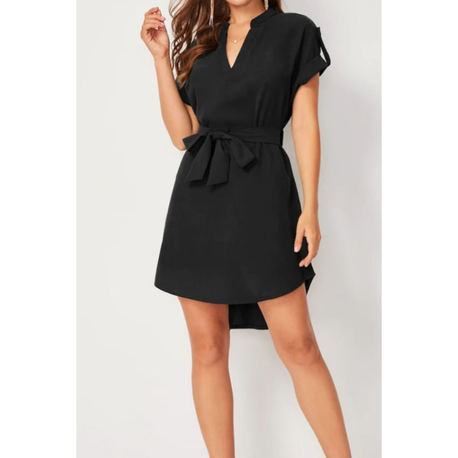 Tied Notched Short Sleeve Dress Black / S Apparel and Accessories