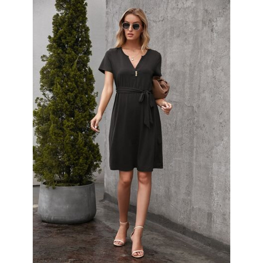 Tied Notched Short Sleeve Dress Black / S Apparel and Accessories