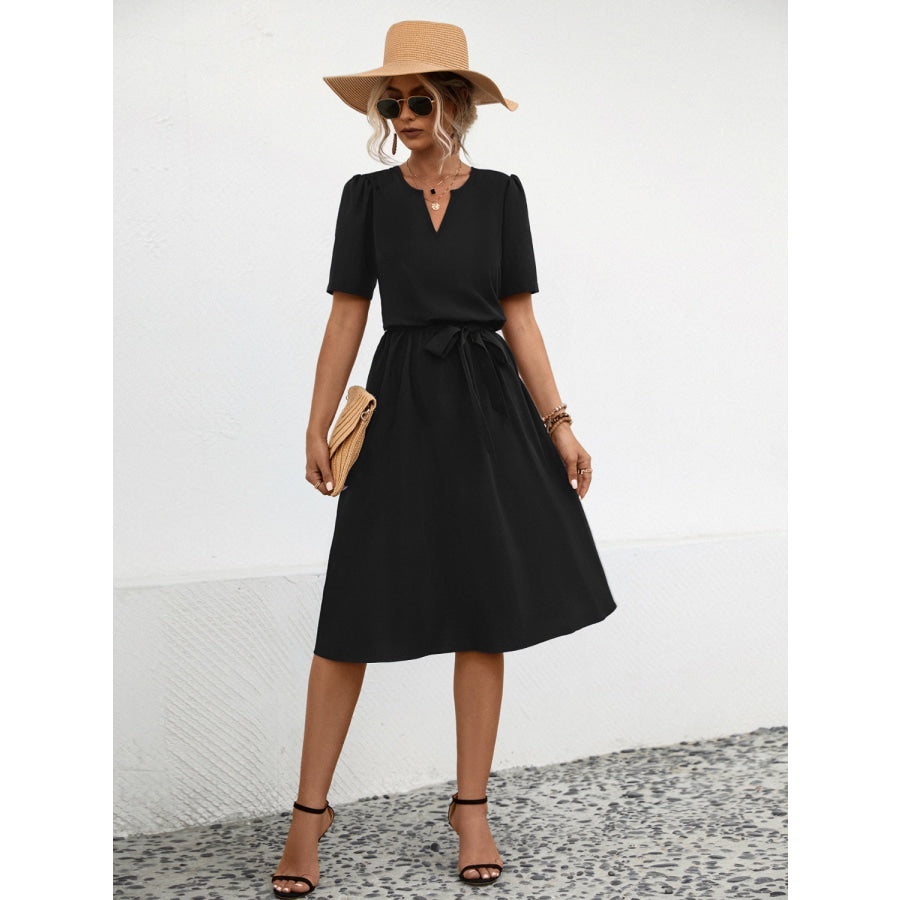 Tied Notched Short Sleeve Dress Black / XL Apparel and Accessories