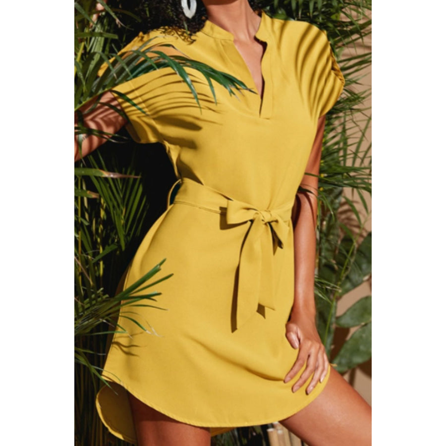 Tied Notched Short Sleeve Dress Chartreuse / S Apparel and Accessories