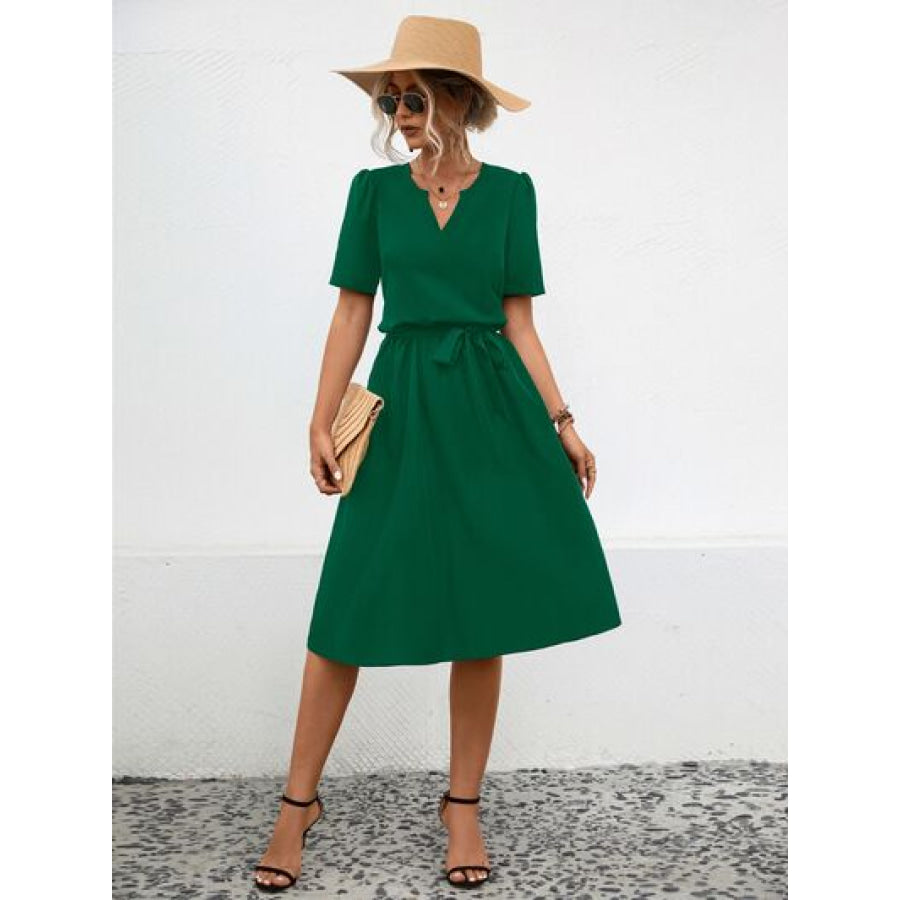 Tied Notched Short Sleeve Dress Green / S Apparel and Accessories