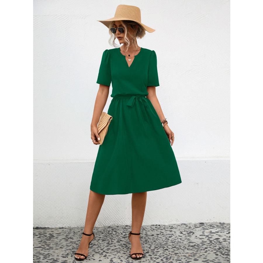 Tied Notched Short Sleeve Dress Green / XL Apparel and Accessories