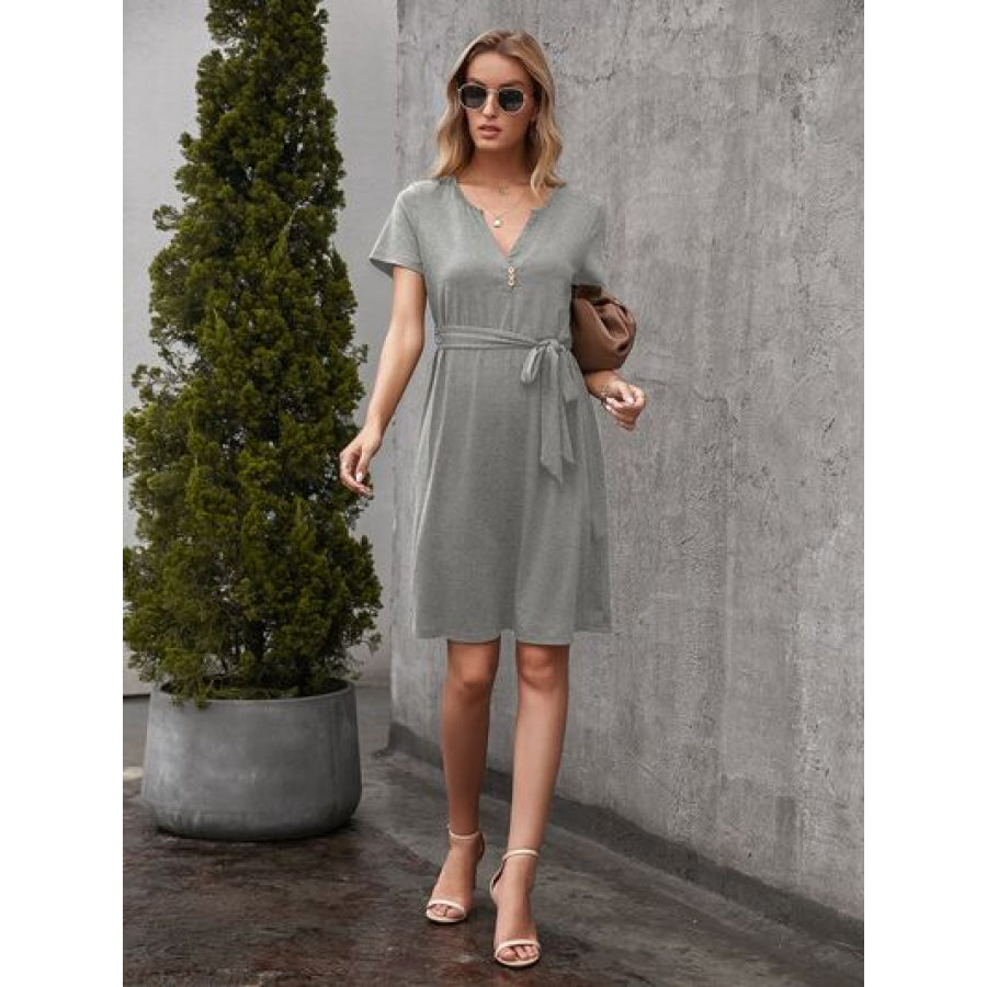 Tied Notched Short Sleeve Dress Heather Gray / S Apparel and Accessories