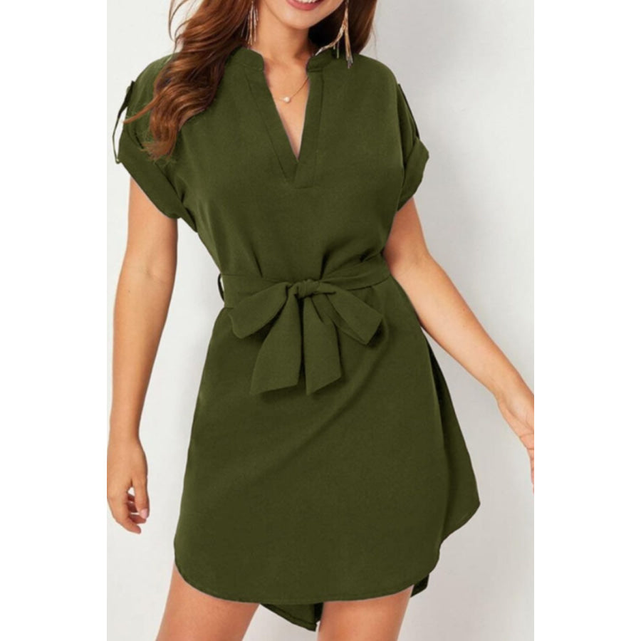 Tied Notched Short Sleeve Dress Moss / S Apparel and Accessories