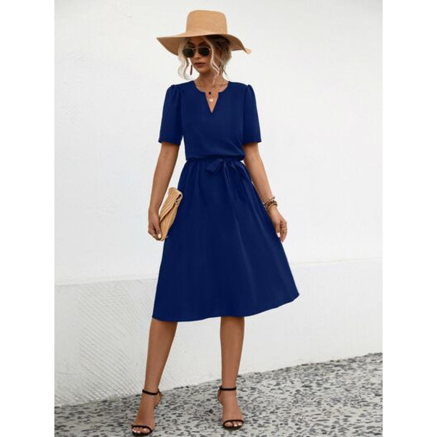 Tied Notched Short Sleeve Dress Navy / S Apparel and Accessories