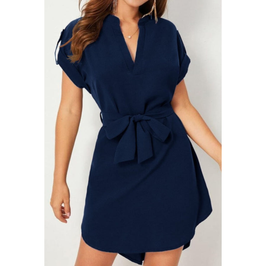 Tied Notched Short Sleeve Dress Navy / S Apparel and Accessories