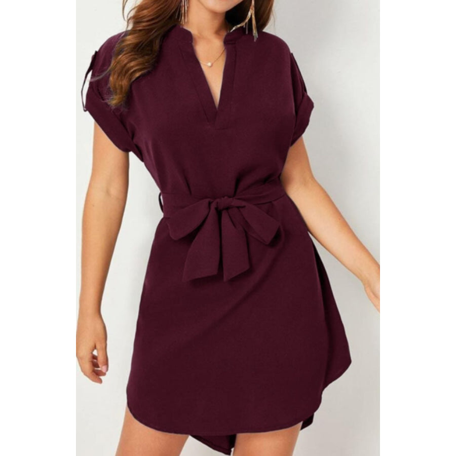 Tied Notched Short Sleeve Dress Wine / S Apparel and Accessories