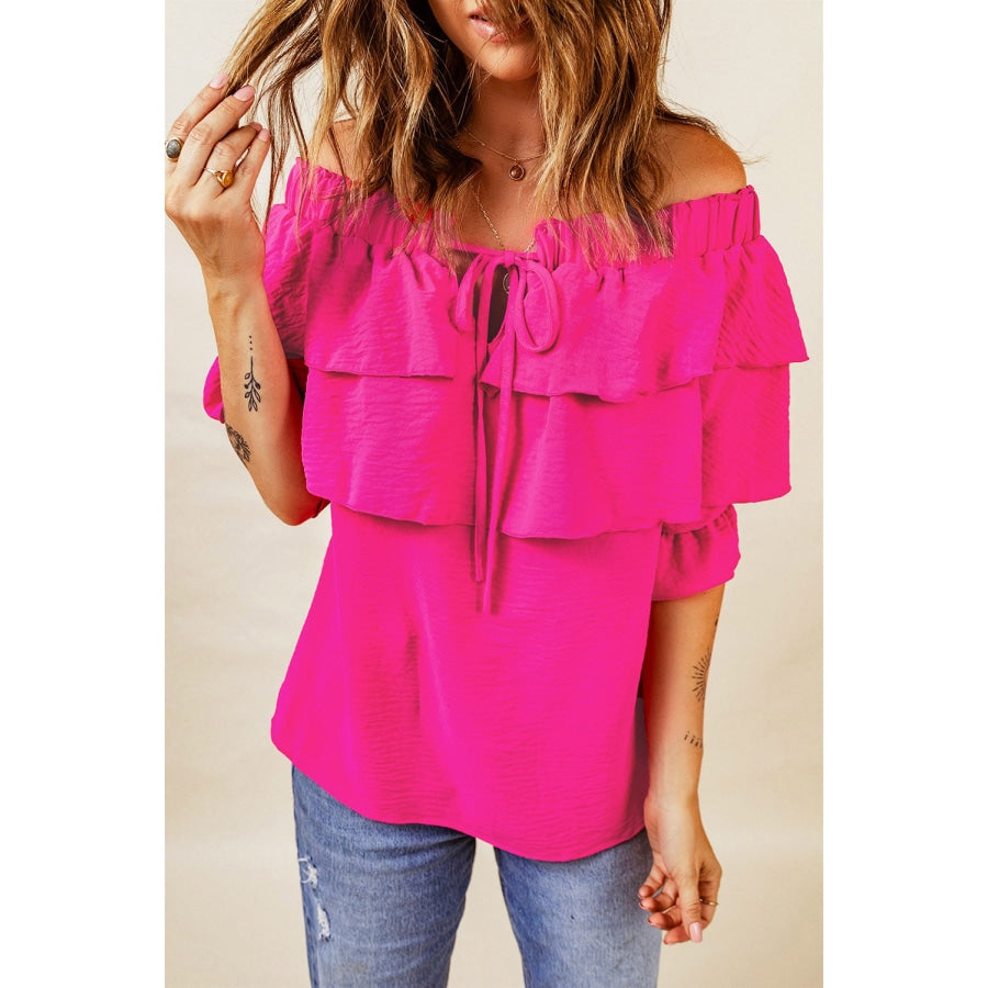 Tied Off-Shoulder Layered Blouse Hot Pink / S