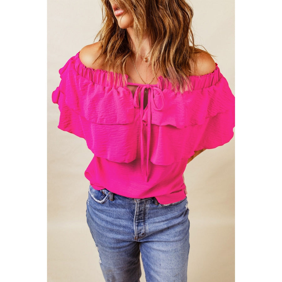 Tied Off-Shoulder Layered Blouse Hot Pink / S