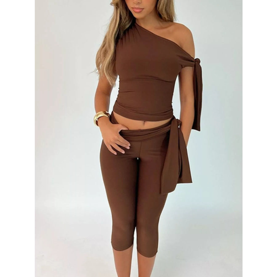 Tied One Shoulder Top and Capris Set Apparel and Accessories