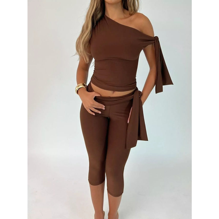 Tied One Shoulder Top and Capris Set Brown / S Apparel and Accessories