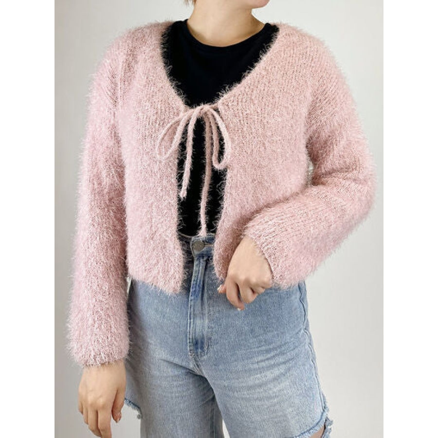 Tied Open Front Dropped Shoulder Cardigan Blush Pink / One Size Clothing