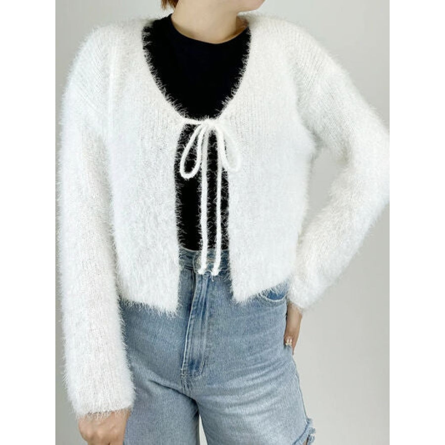 Tied Open Front Dropped Shoulder Cardigan White / One Size Clothing