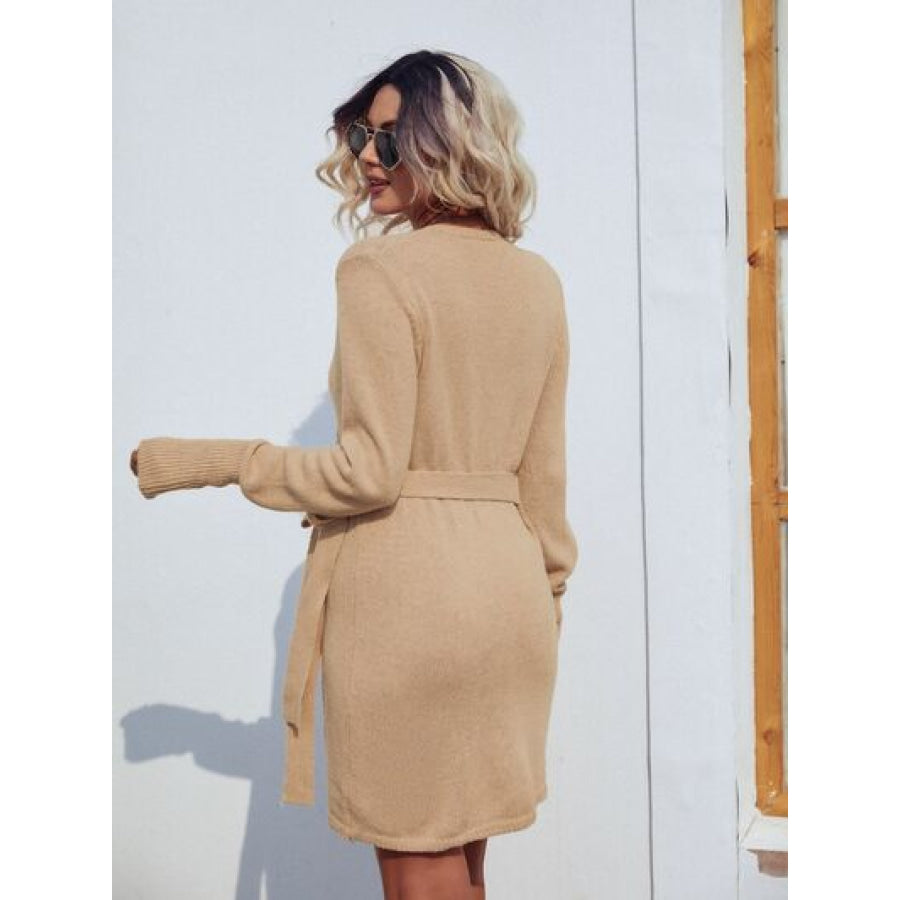 Tied Open Front Long Sleeve Cardigan Tan / S Clothing