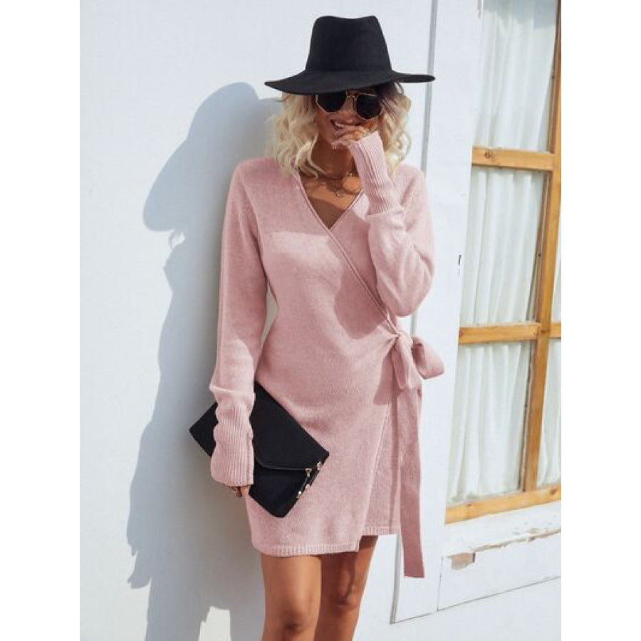 Tied Open Front Long Sleeve Cardigan Dusty Pink / S Clothing