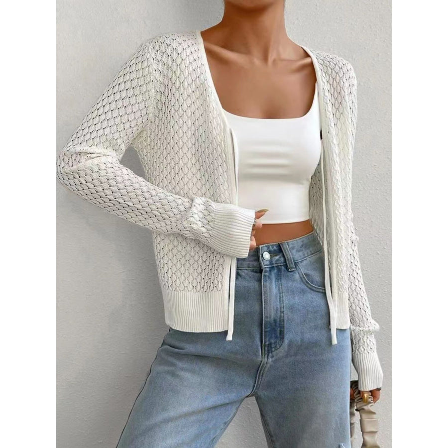 Tied Openwork V-Neck Long Sleeve Cardigan White / One Size Apparel and Accessories