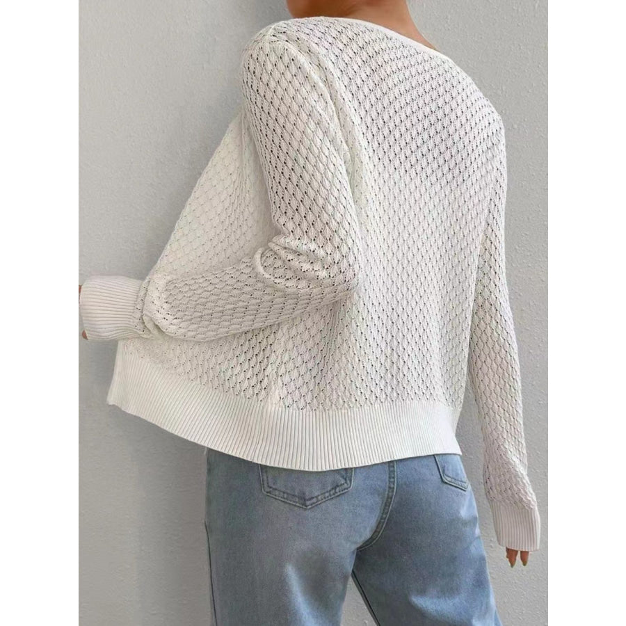 Tied Openwork V-Neck Long Sleeve Cardigan White / One Size Apparel and Accessories