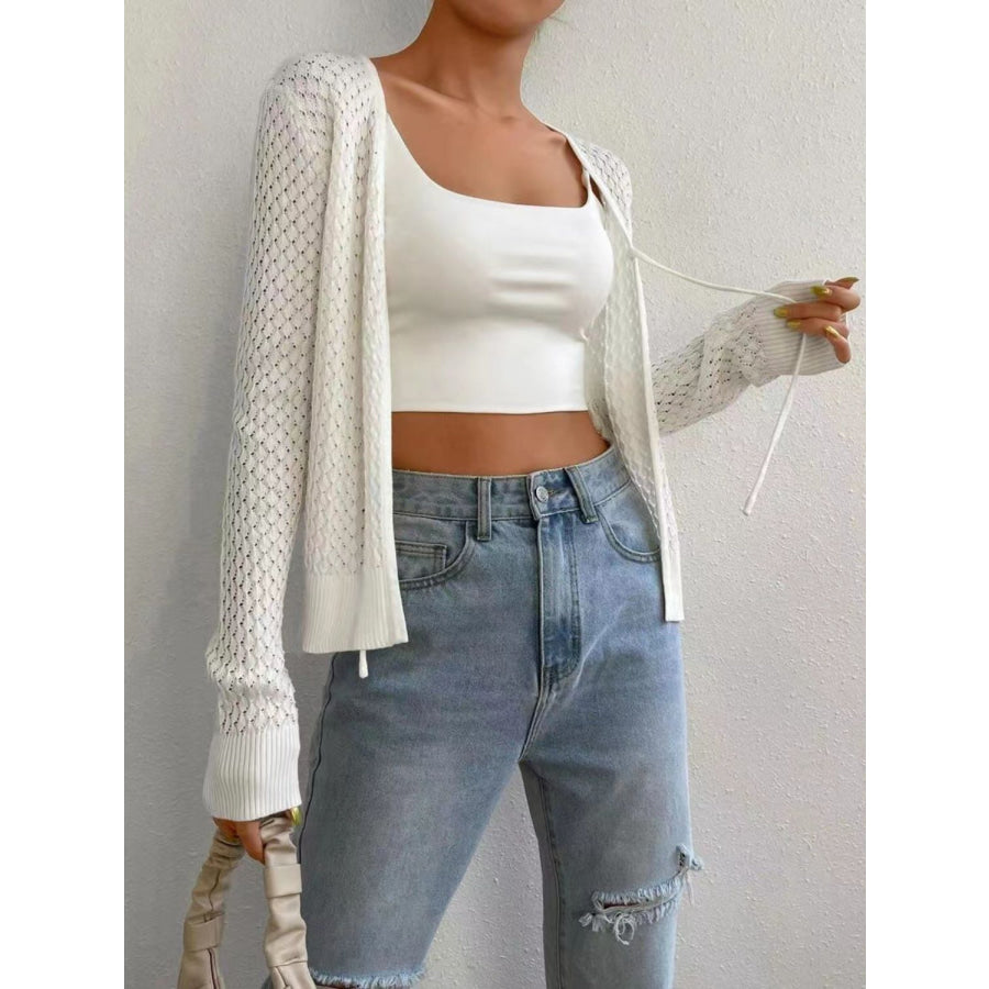 Tied Openwork V-Neck Long Sleeve Cardigan White / One Size Apparel and Accessories