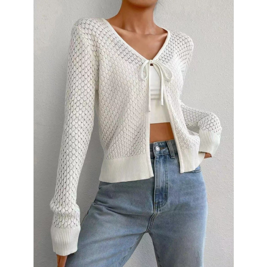 Tied Openwork V-Neck Long Sleeve Cardigan White / One Size Apparel and Accessories