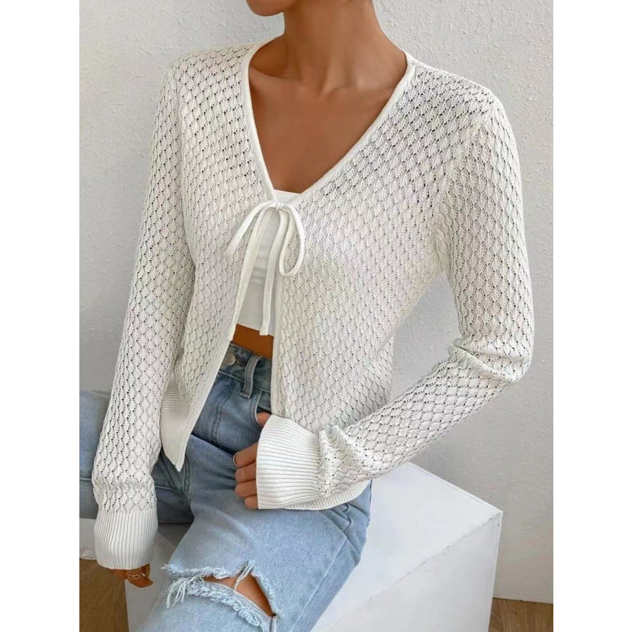 Tied Openwork V-Neck Long Sleeve Cardigan White / One Size Apparel and Accessories