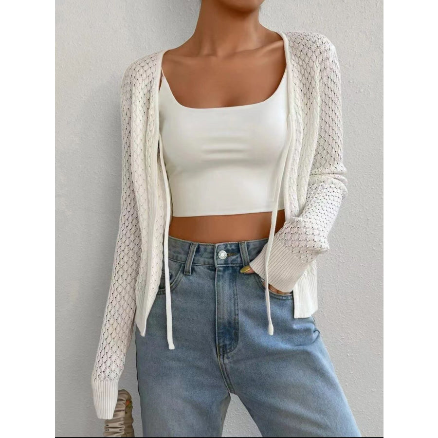 Tied Openwork V-Neck Long Sleeve Cardigan White / One Size Apparel and Accessories