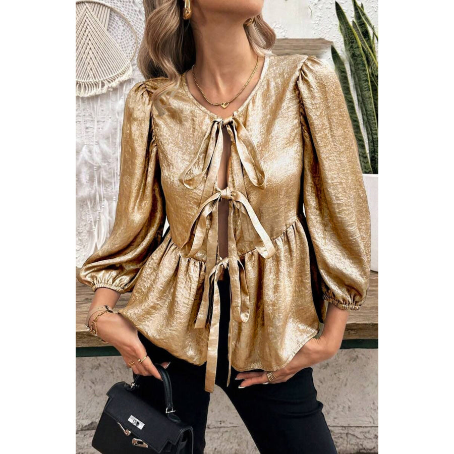 Tied Peplum Three-Quarter Sleeve Blouse Apparel and Accessories