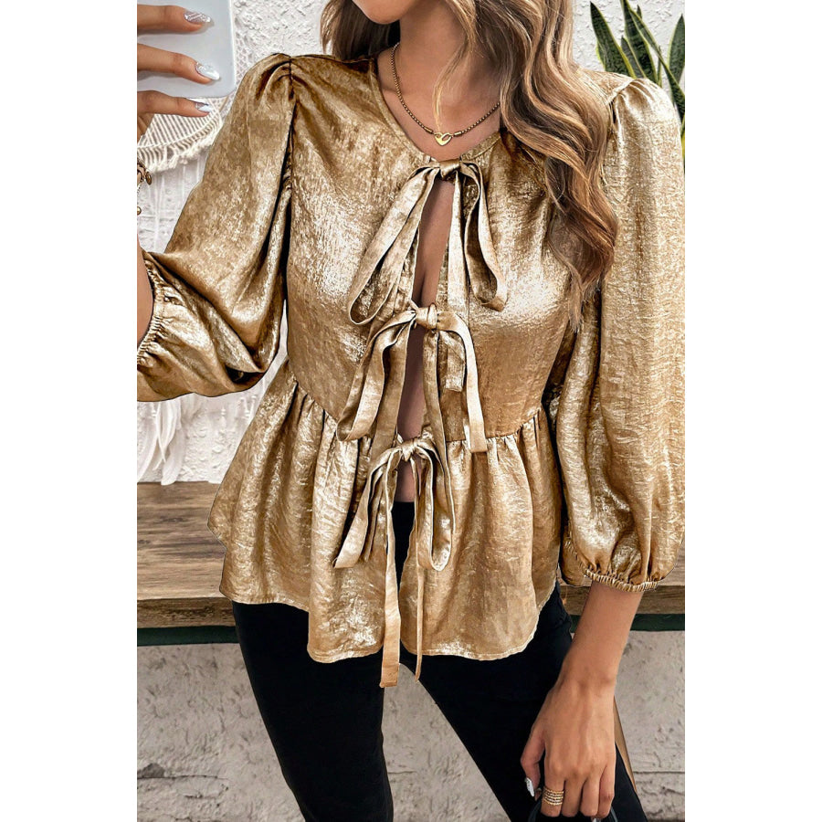 Tied Peplum Three-Quarter Sleeve Blouse Gold / S Apparel and Accessories