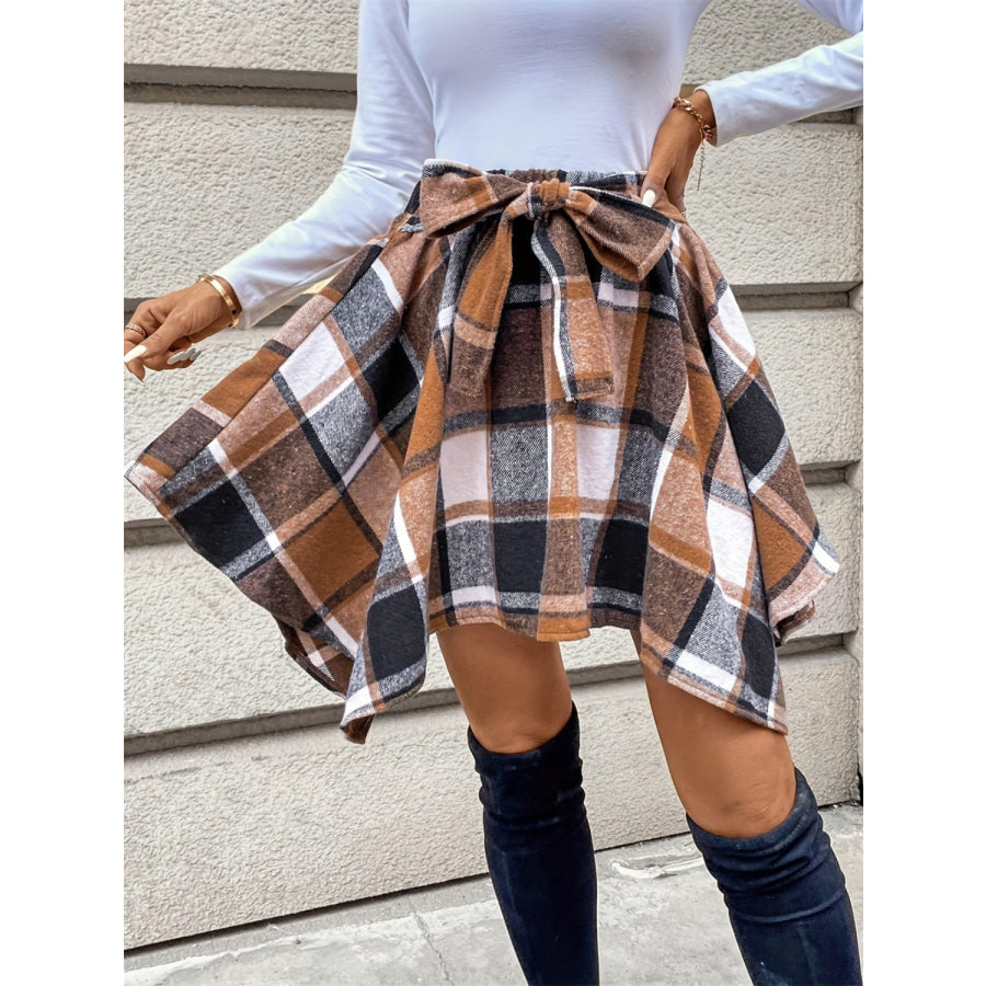 Tied Plaid Asymmetrical Hem Skirt Apparel and Accessories