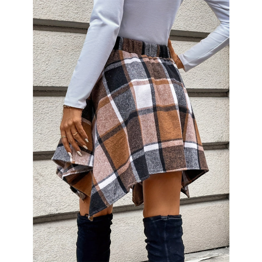 Tied Plaid Asymmetrical Hem Skirt Caramel / S Apparel and Accessories