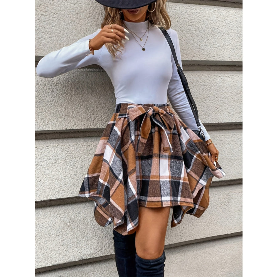 Tied Plaid Asymmetrical Hem Skirt Apparel and Accessories