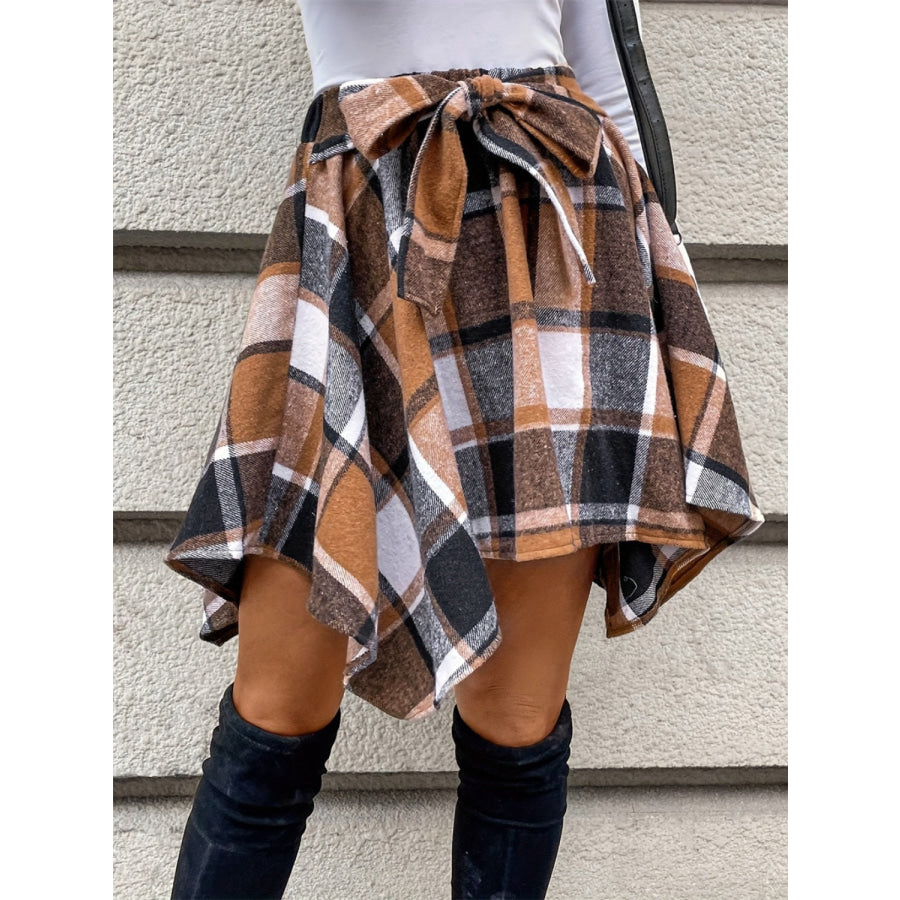 Tied Plaid Asymmetrical Hem Skirt Caramel / S Apparel and Accessories