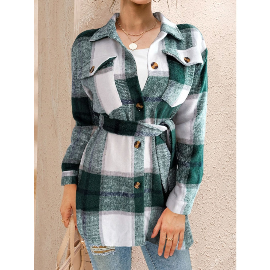 Tied Plaid Button Up Shacket Dark Green / S Apparel and Accessories