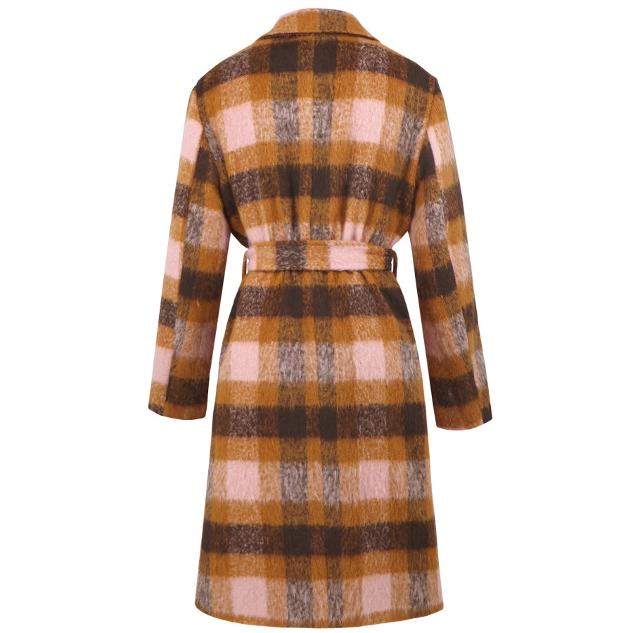 Tied Plaid Collared Neck Coat Apparel and Accessories