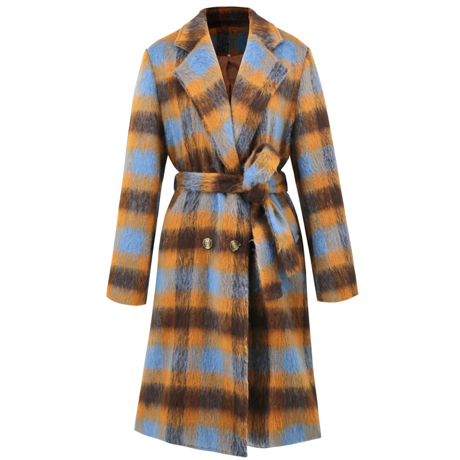 Tied Plaid Collared Neck Coat Apparel and Accessories