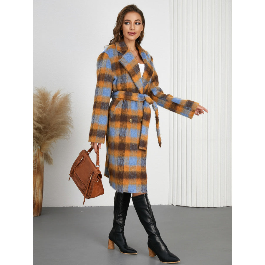 Tied Plaid Collared Neck Coat Apparel and Accessories