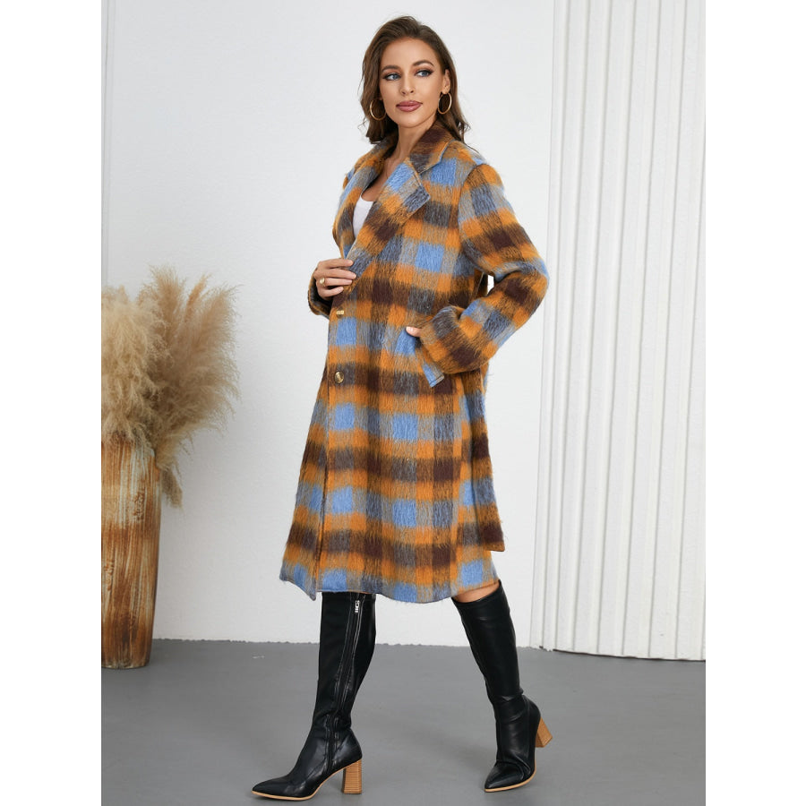 Tied Plaid Collared Neck Coat Apparel and Accessories