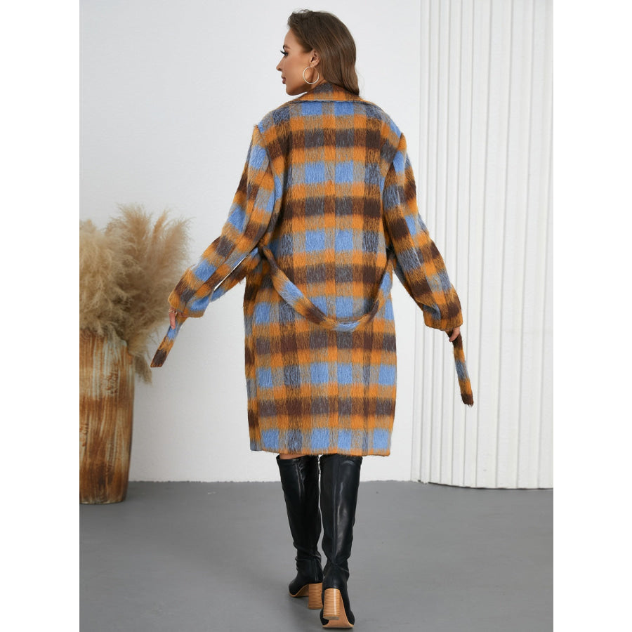 Tied Plaid Collared Neck Coat Apparel and Accessories