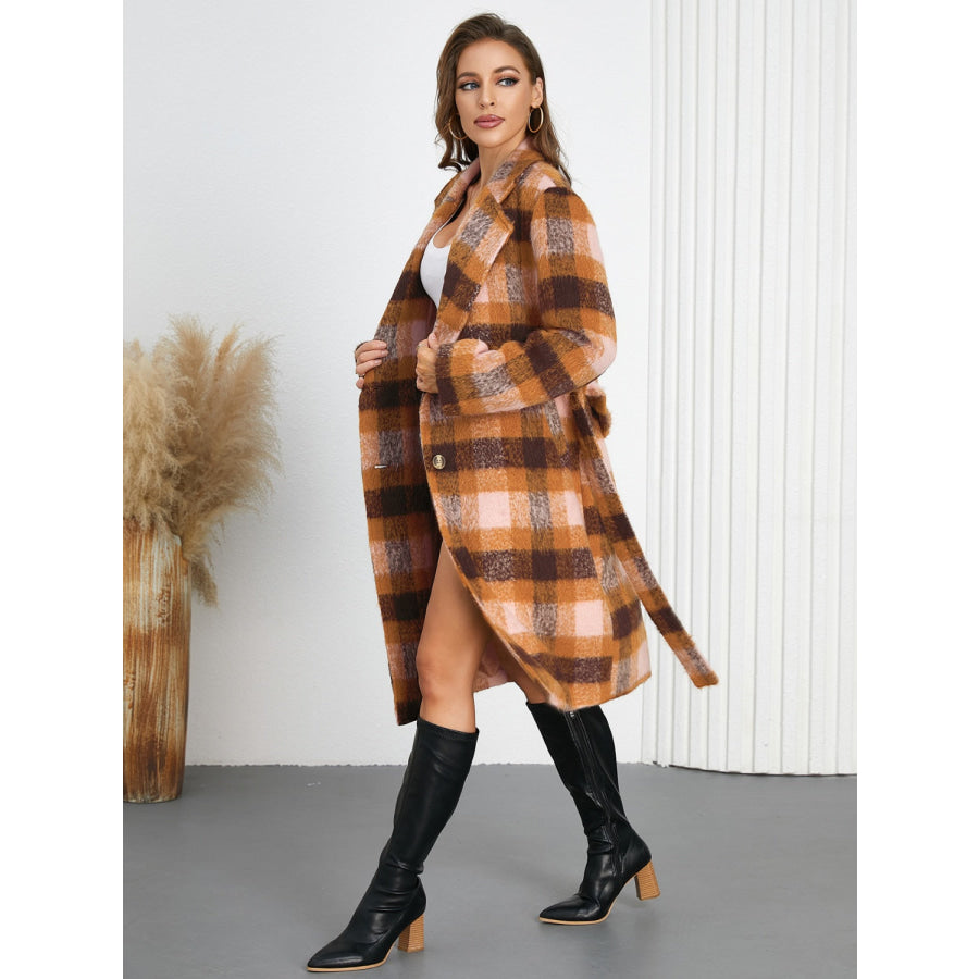 Tied Plaid Collared Neck Coat Apparel and Accessories