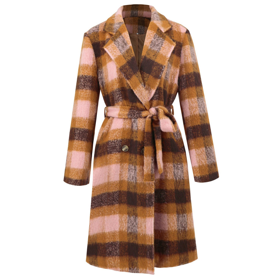 Tied Plaid Collared Neck Coat Apparel and Accessories