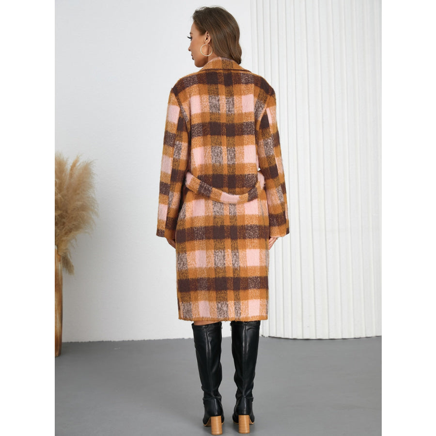 Tied Plaid Collared Neck Coat Apparel and Accessories