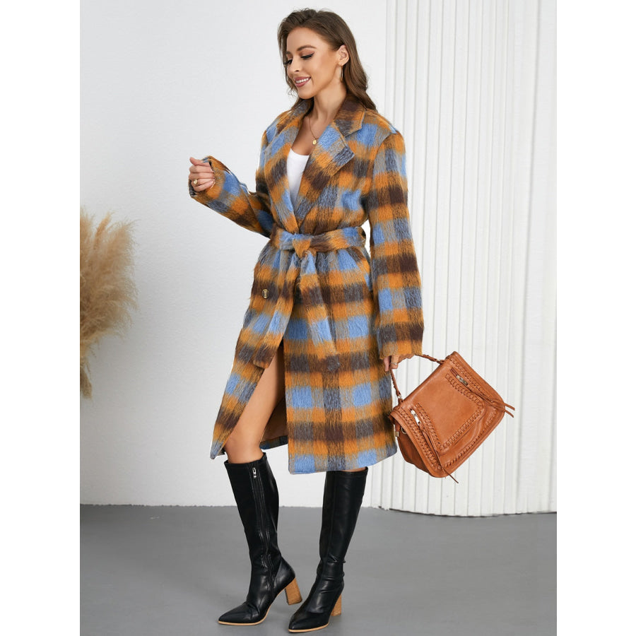 Tied Plaid Collared Neck Coat Apparel and Accessories