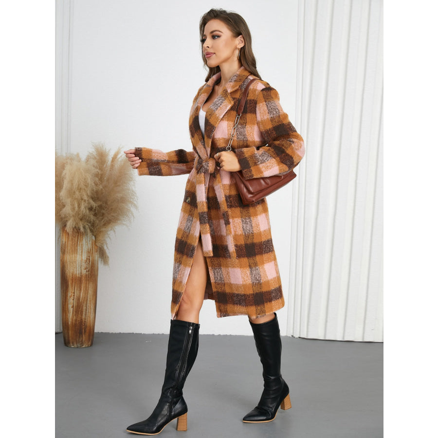 Tied Plaid Collared Neck Coat Apparel and Accessories