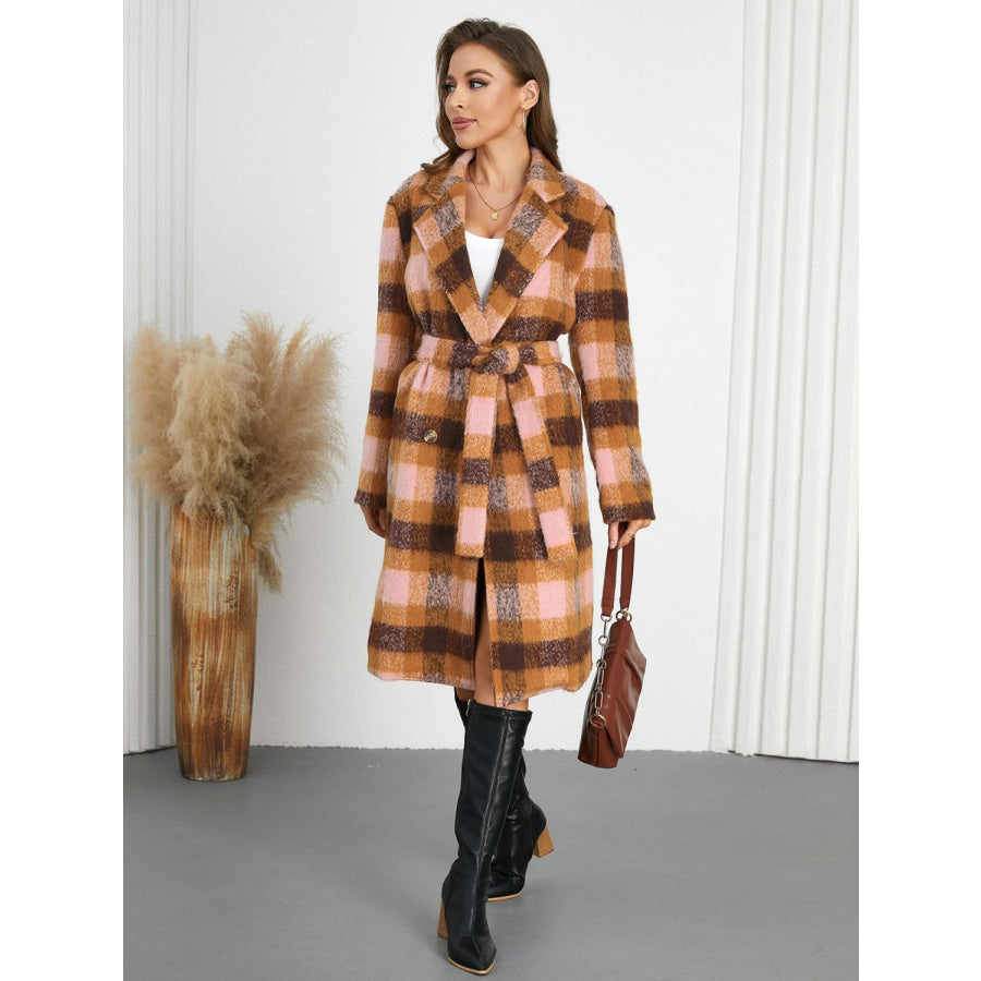 Tied Plaid Collared Neck Coat Apparel and Accessories